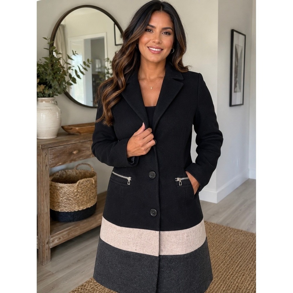 New York & Company Wool Blend Colorblock Moto Coat - Women's M Light Pink Stripe